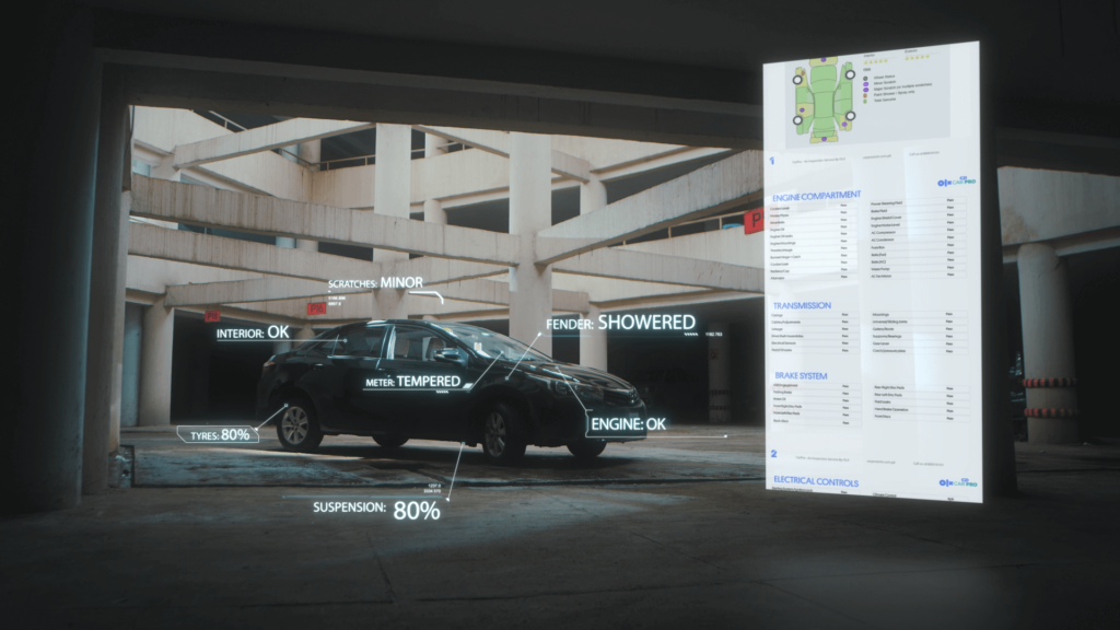 A black car in warehouse. The image shows how the car performed on a few checkpoints during the Car Inspection. A sample report with details of the inspection also can be seen.