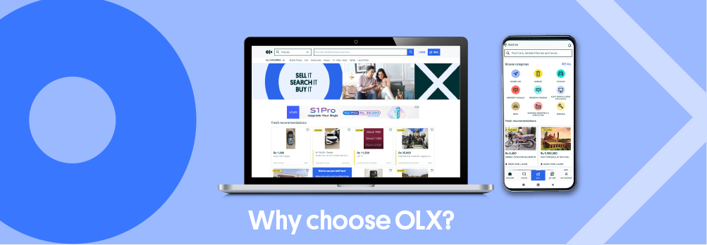 Designed image showing olx platforms in a laptop and a phone.