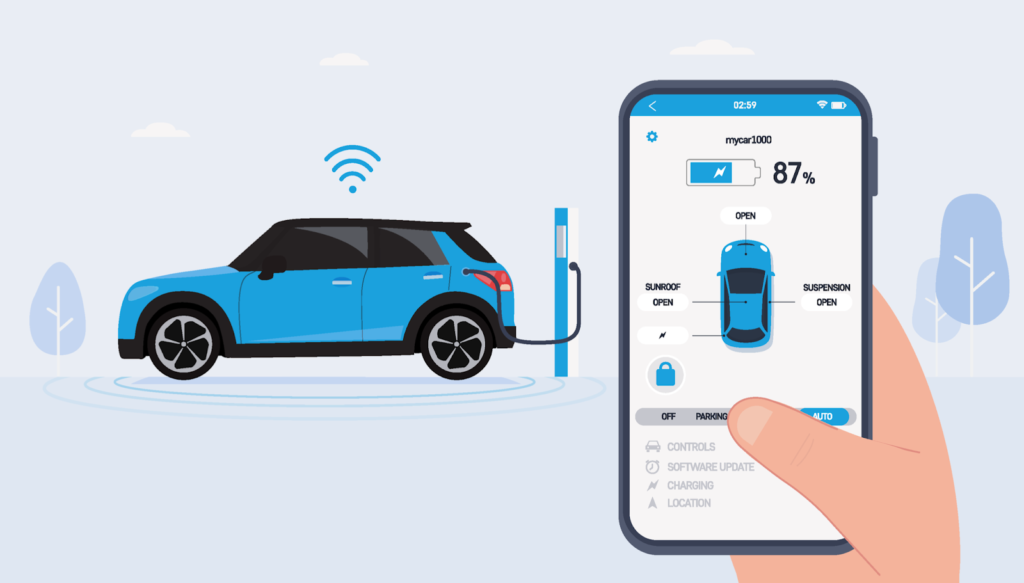 Illustrated image of an electric car being charged.