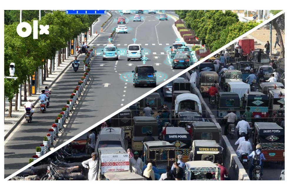 Designed creative showing contrasting images of a road with self-driving cars and the current traffic situation.